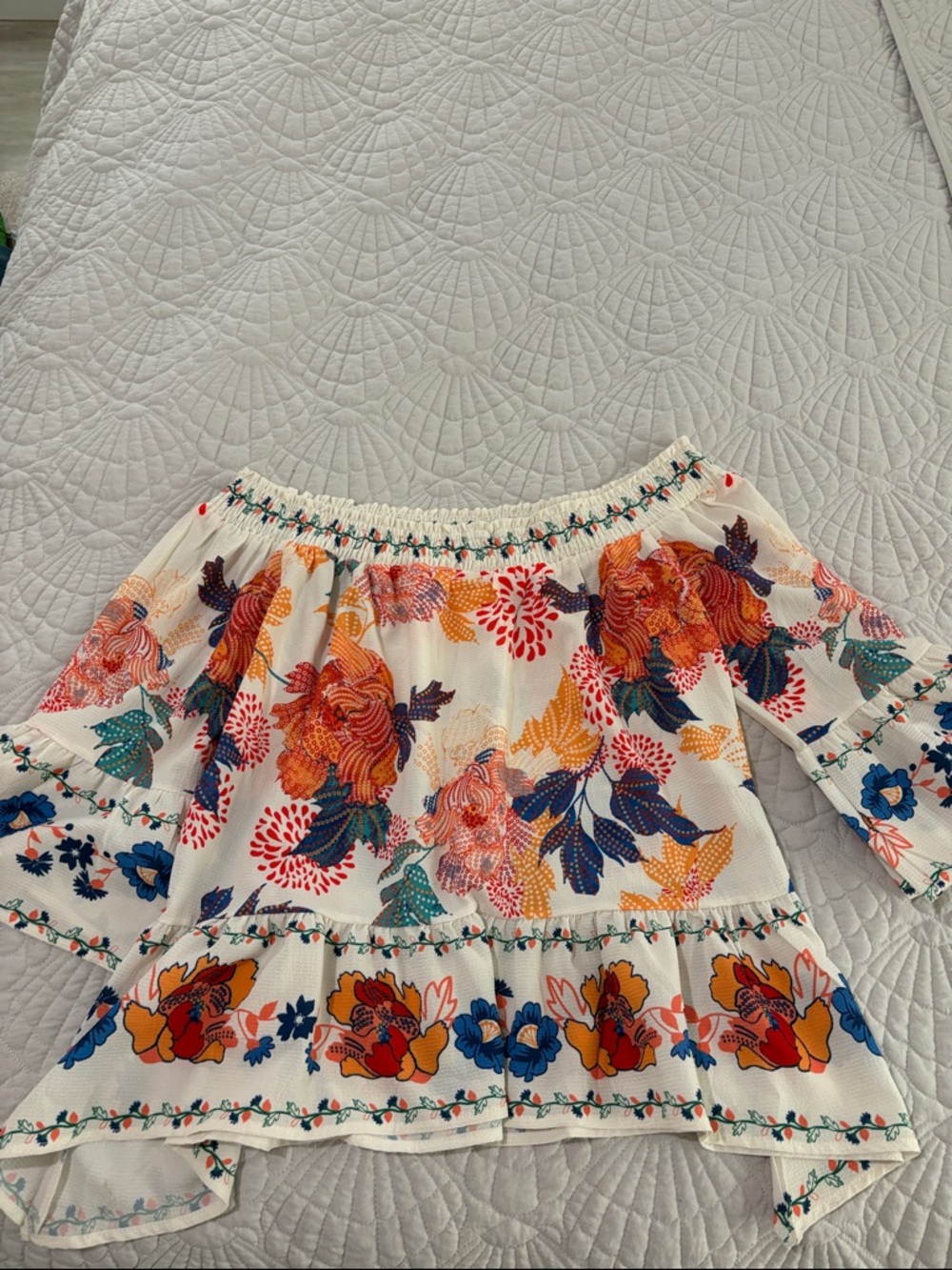 Flying Tomato-Woman' Floral Off-Shoulder Dress Top - White with Multicolor Print